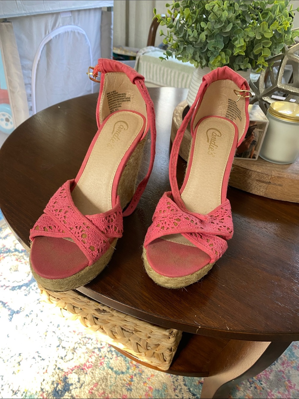 Candie's Coral Crochet Ankle-Strap Espadrille Wedges